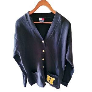Tommy Hilfiger Black Cotton Lettermans Cardigan Sweater New with Tags Size Med